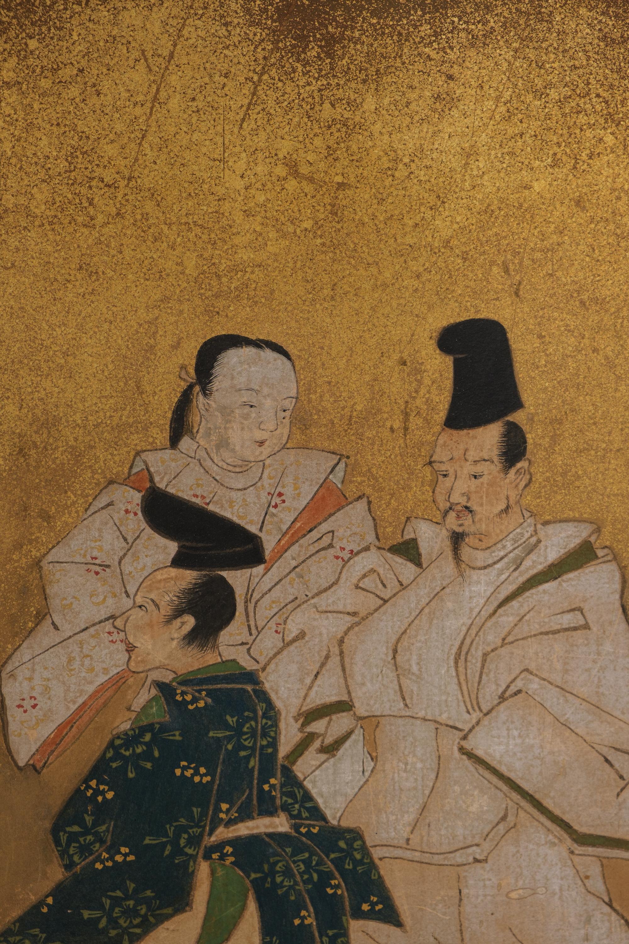Mid-size 6-panel byôbu 屏風 with a scene from The Tale of Genji For Sale 4
