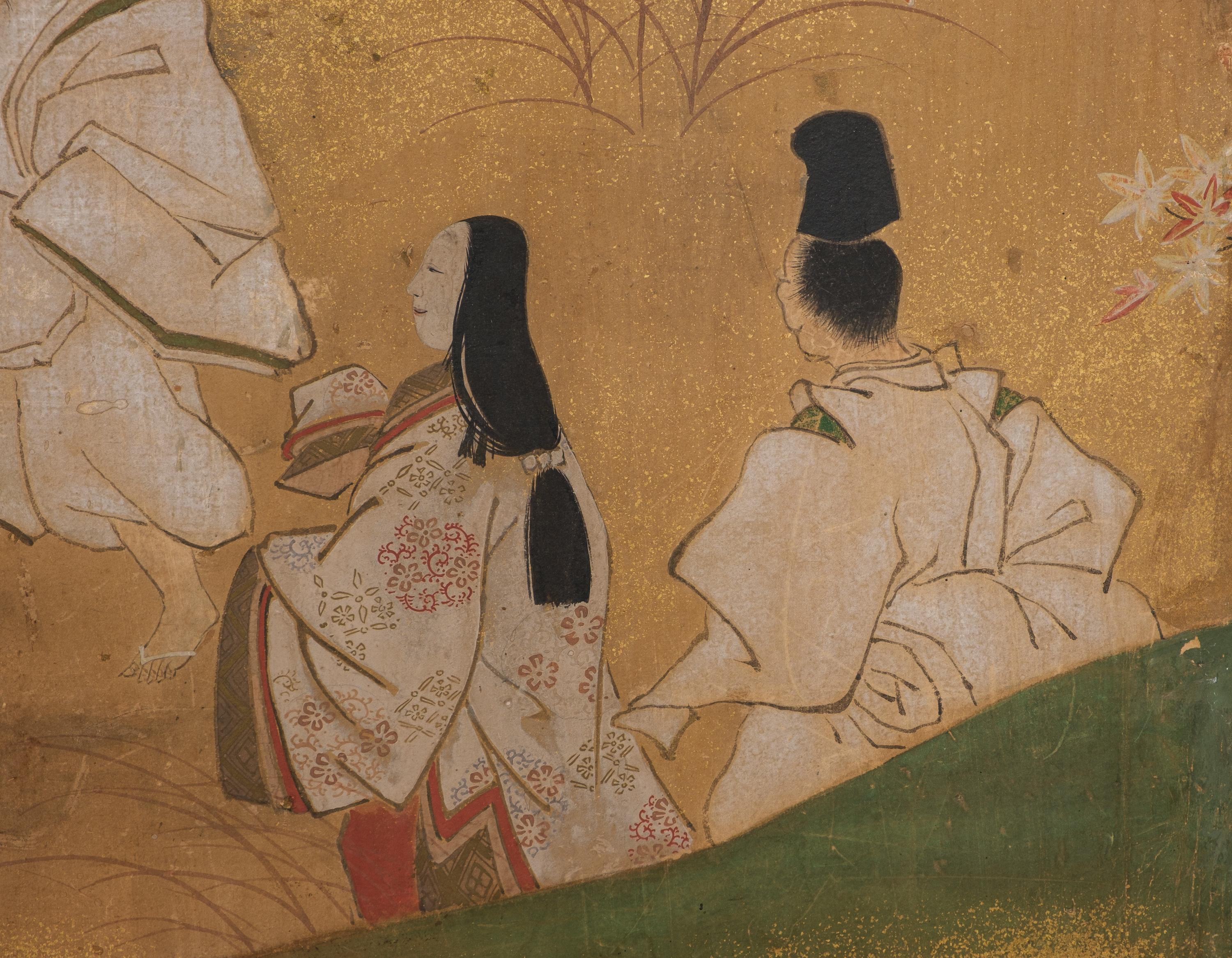 Mid-size 6-panel byôbu 屏風 with a scene from The Tale of Genji For Sale 5