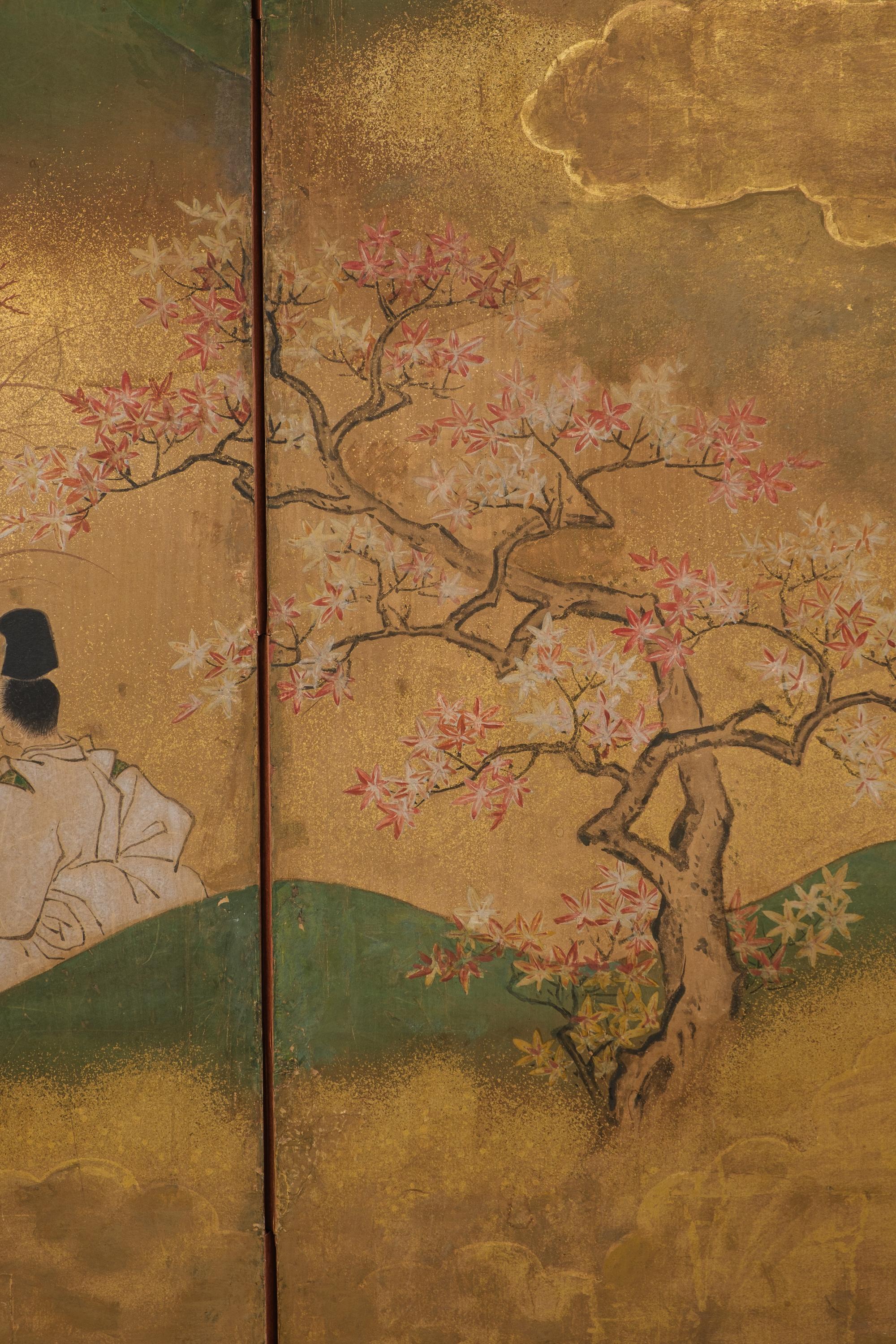 Mid-size 6-panel byôbu 屏風 with a scene from The Tale of Genji For Sale 7