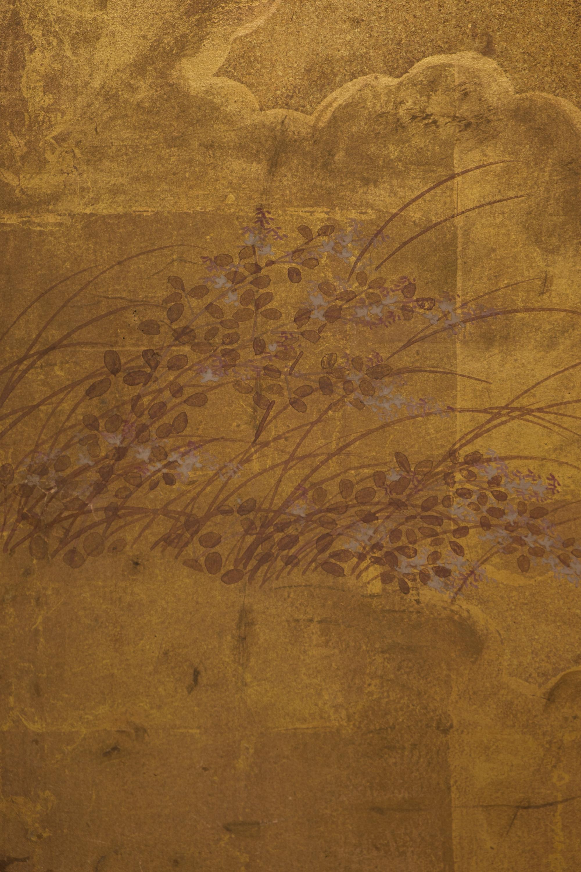 Mid-size 6-panel byôbu 屏風 with a scene from The Tale of Genji For Sale 10