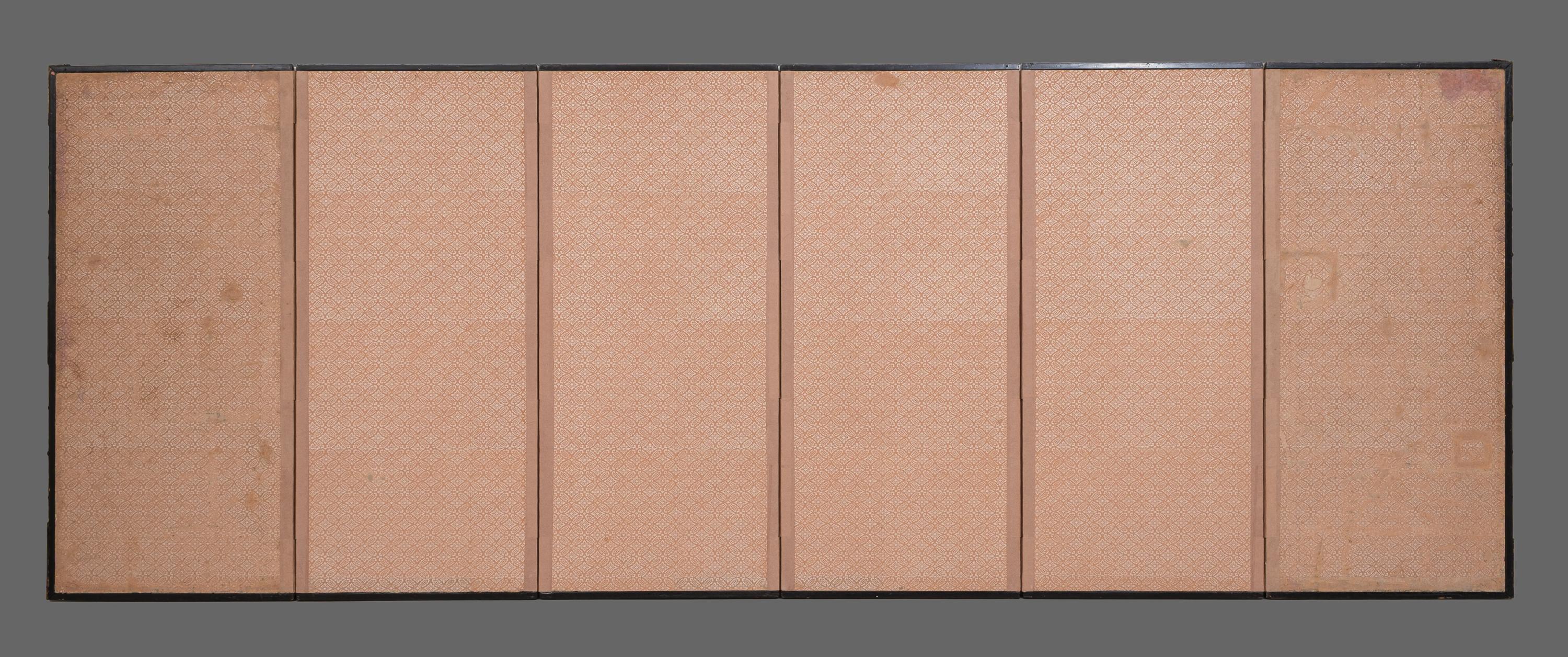 Mid-size 6-panel byôbu 屏風 with a scene from The Tale of Genji For Sale 12
