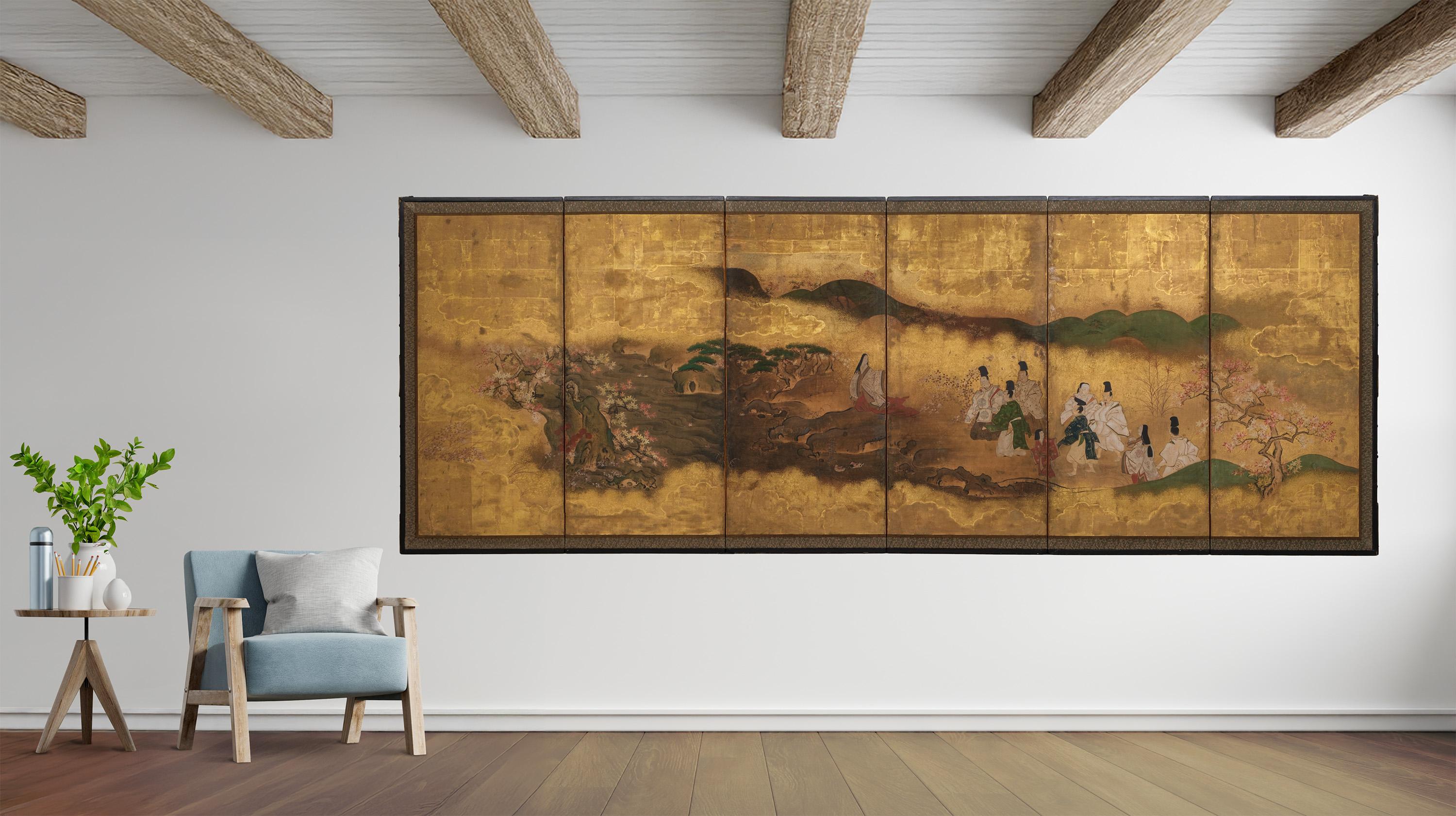 A refined medium-sized six-panel byôbu (folding screen) showcasing a classical autumn court scene from chapter 7 of The Tale of Genji (Genji Monogatari), titled Momiji no Ga (The Autumn Excursion).

The composition depicts a procession of courtiers,