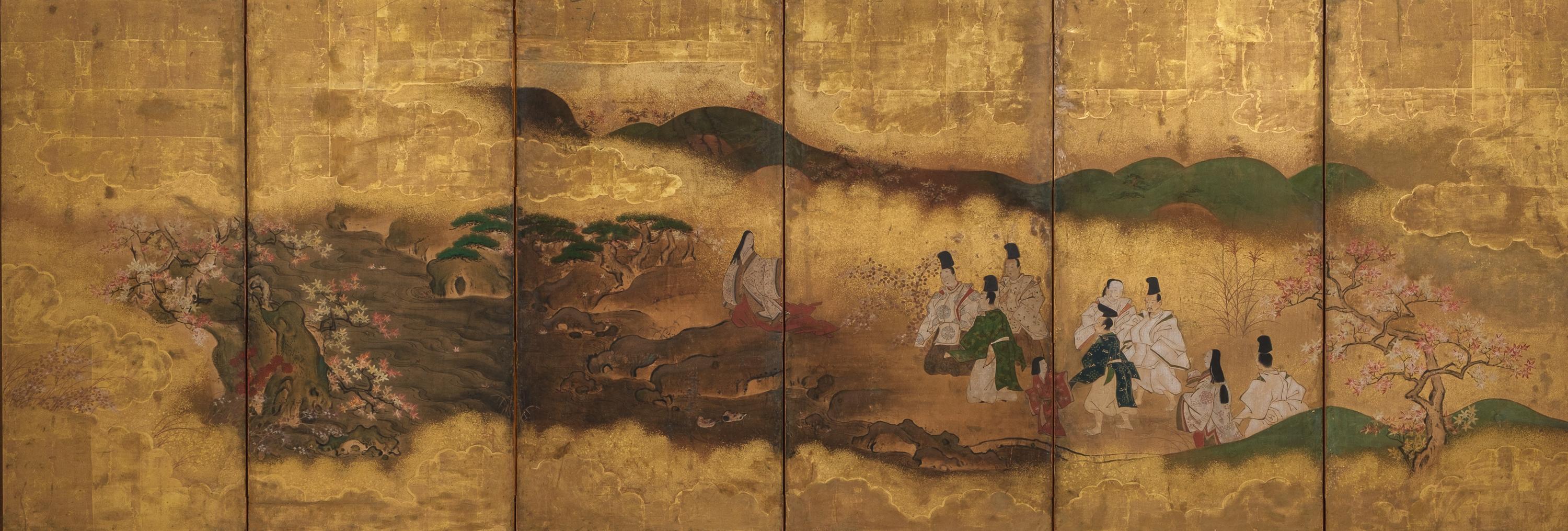 Japanese Mid-size 6-panel byôbu 屏風 with a scene from The Tale of Genji For Sale