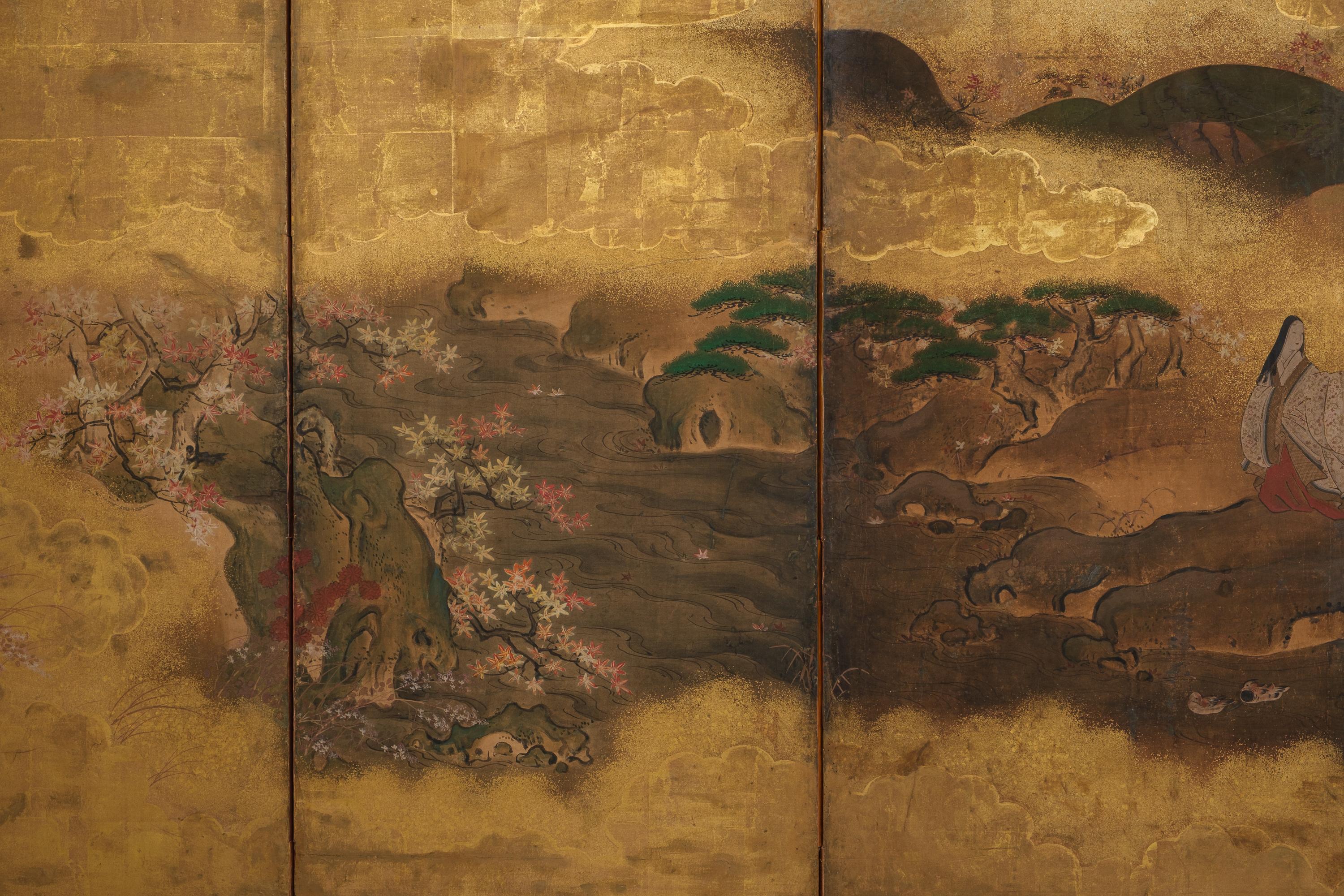 Hand-Crafted Mid-size 6-panel byôbu 屏風 with a scene from The Tale of Genji For Sale