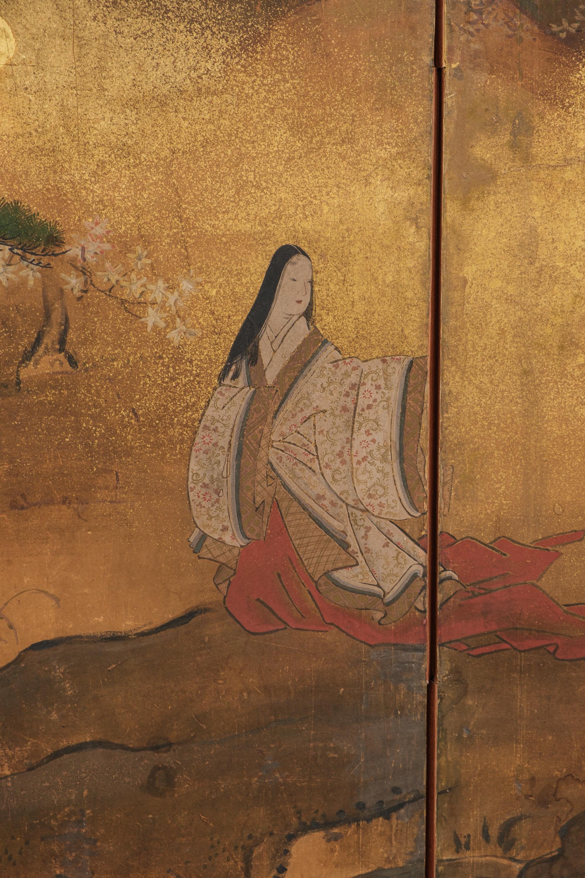 Mid-size 6-panel byôbu 屏風 with a scene from The Tale of Genji In Good Condition For Sale In Amsterdam, NL
