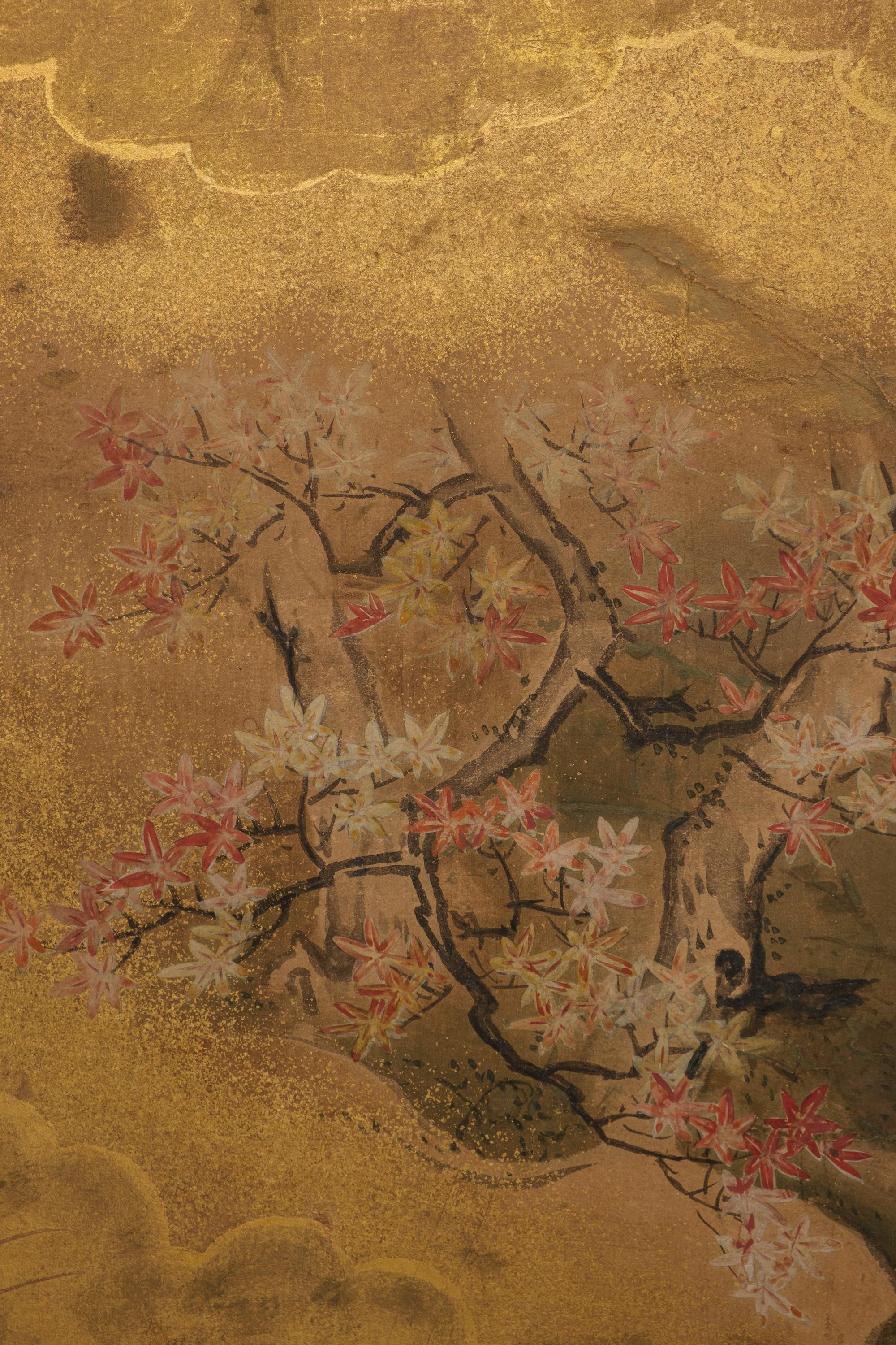 Metal Mid-size 6-panel byôbu 屏風 with a scene from The Tale of Genji For Sale