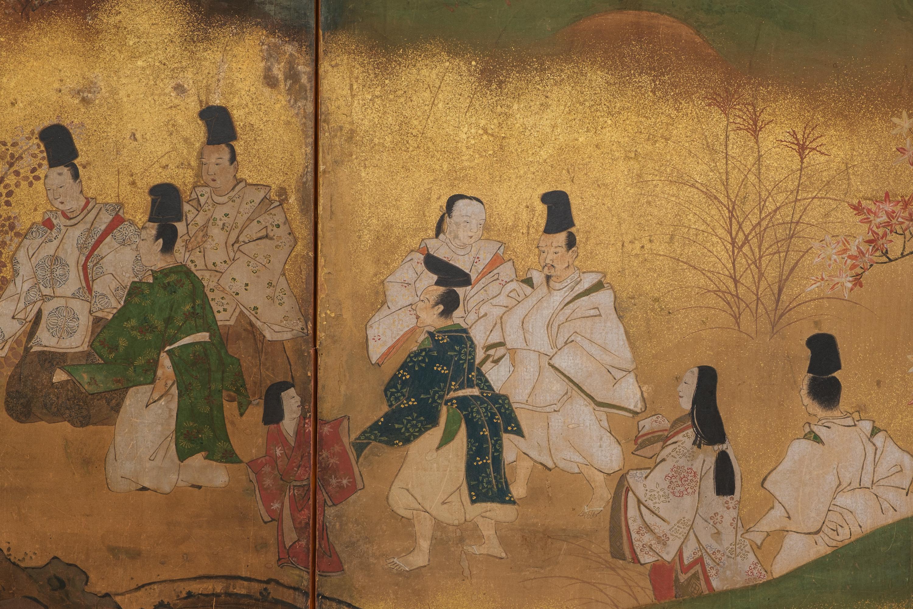 Mid-size 6-panel byôbu 屏風 with a scene from The Tale of Genji For Sale 1