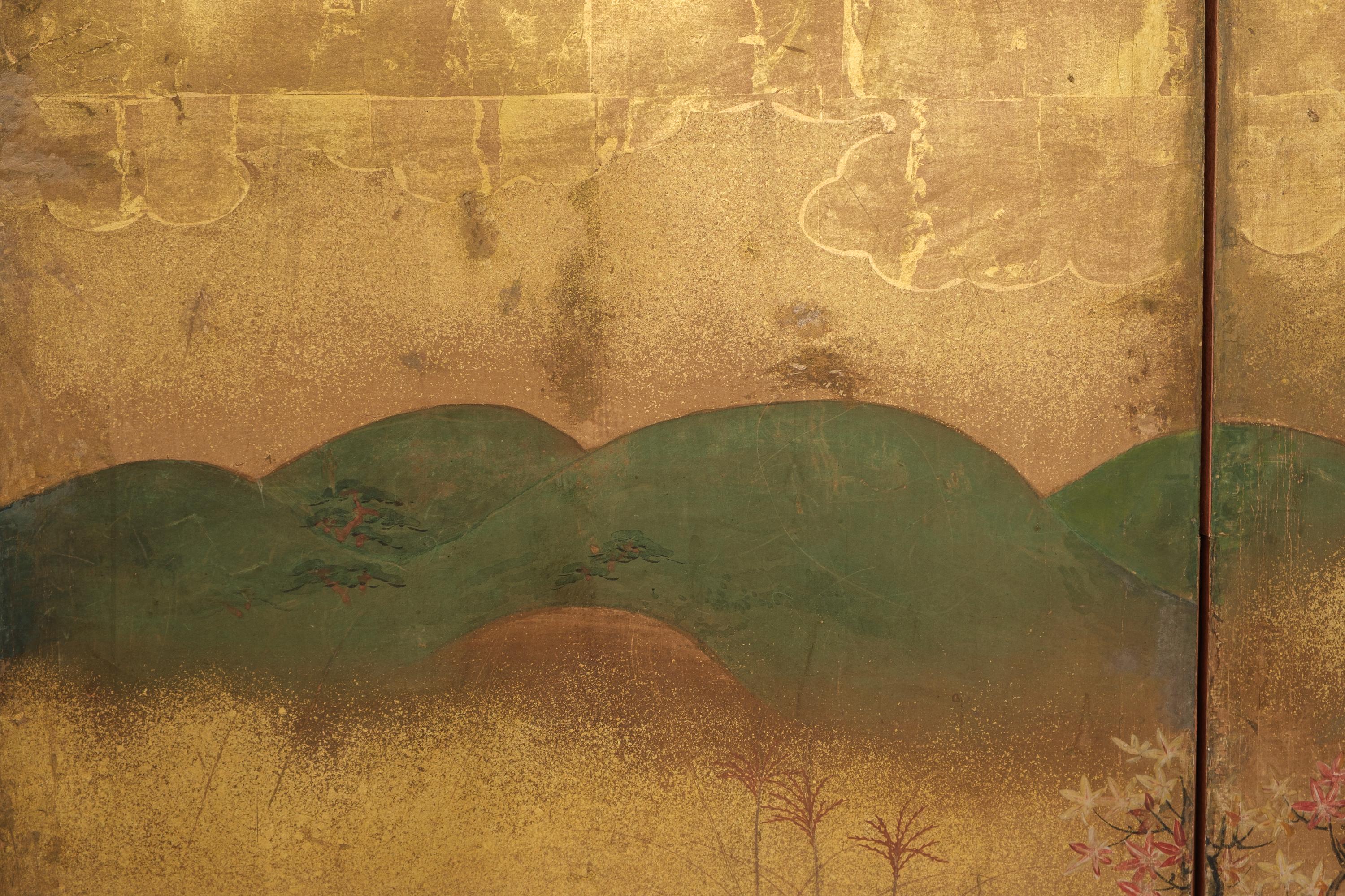 Mid-size 6-panel byôbu 屏風 with a scene from The Tale of Genji For Sale 2