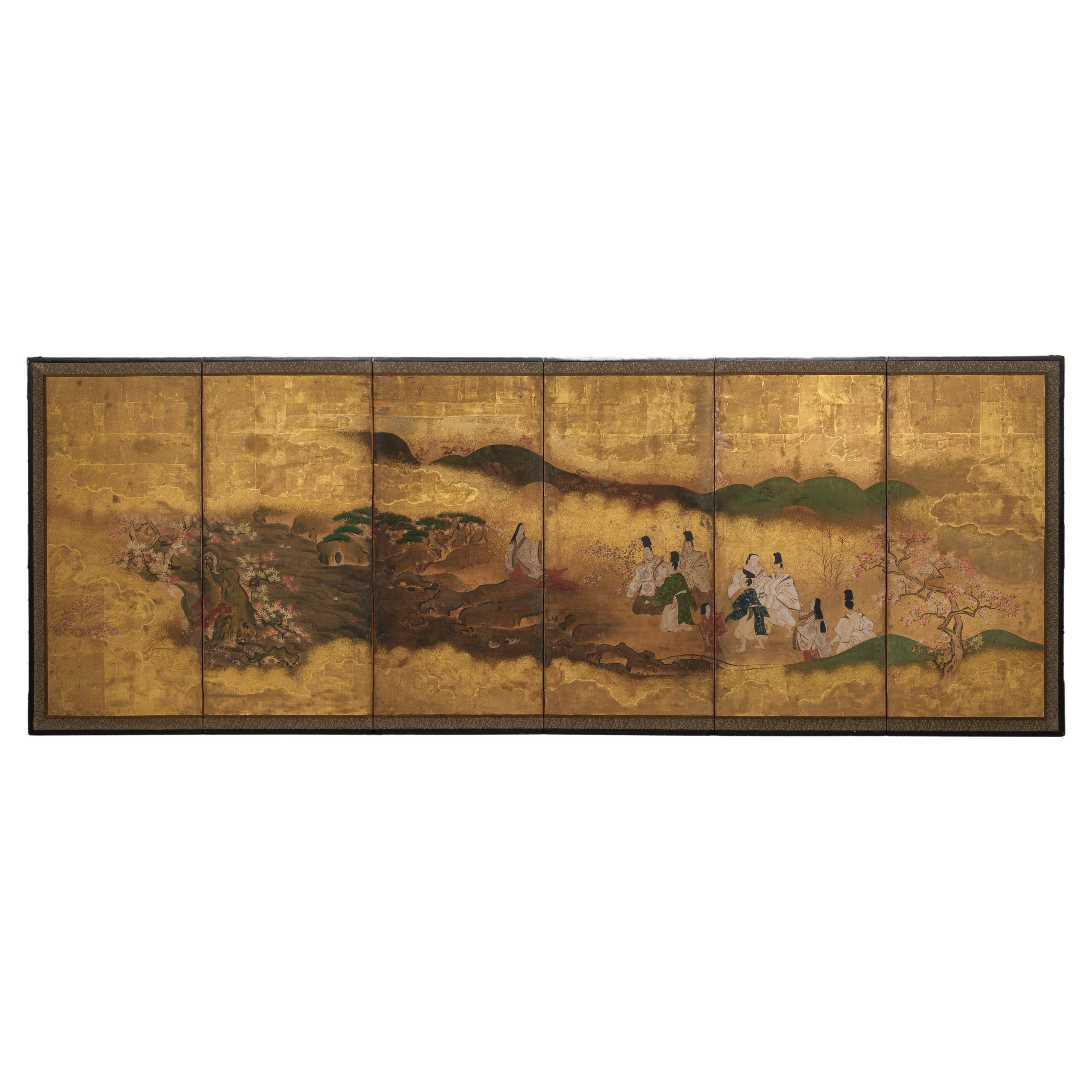 Mid-size 6-panel byôbu 屏風 with a scene from The Tale of Genji For Sale