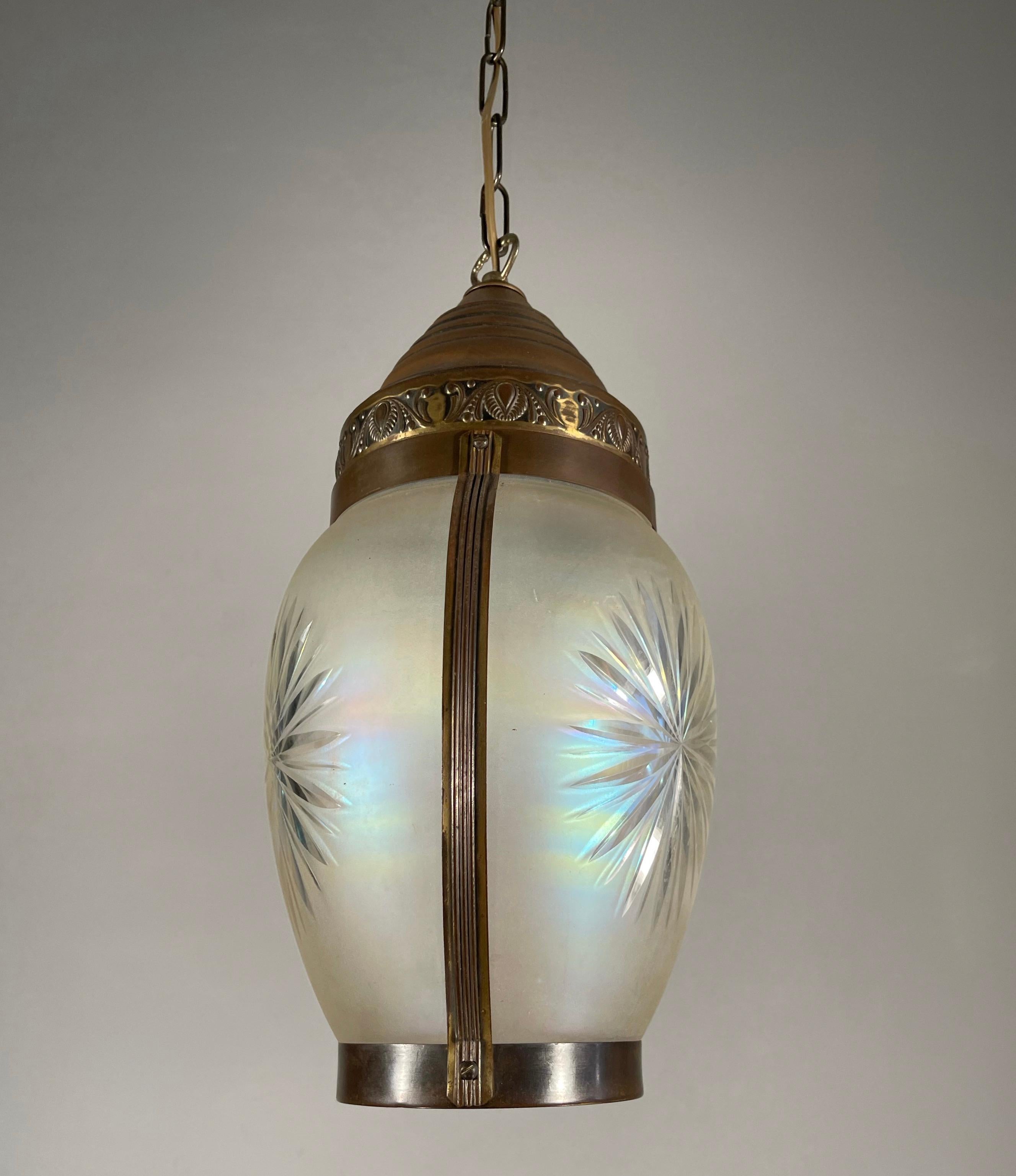 Embossed Good Size Arts & Crafts Engraved Star Glass, Brass Hall Entry Lantern / Pendant  For Sale