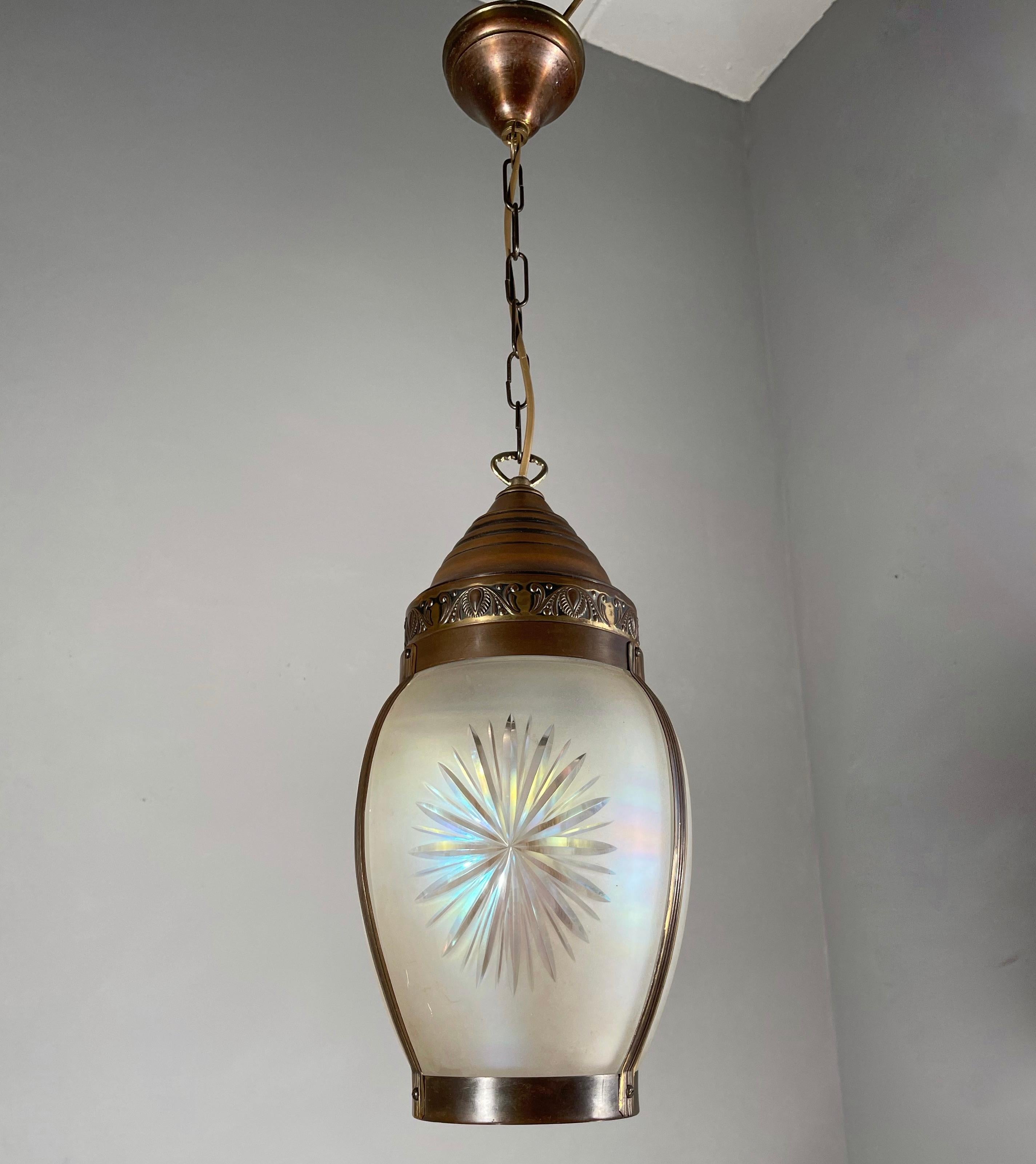 European Good Size Arts & Crafts Engraved Star Glass, Brass Hall Entry Lantern / Pendant  For Sale
