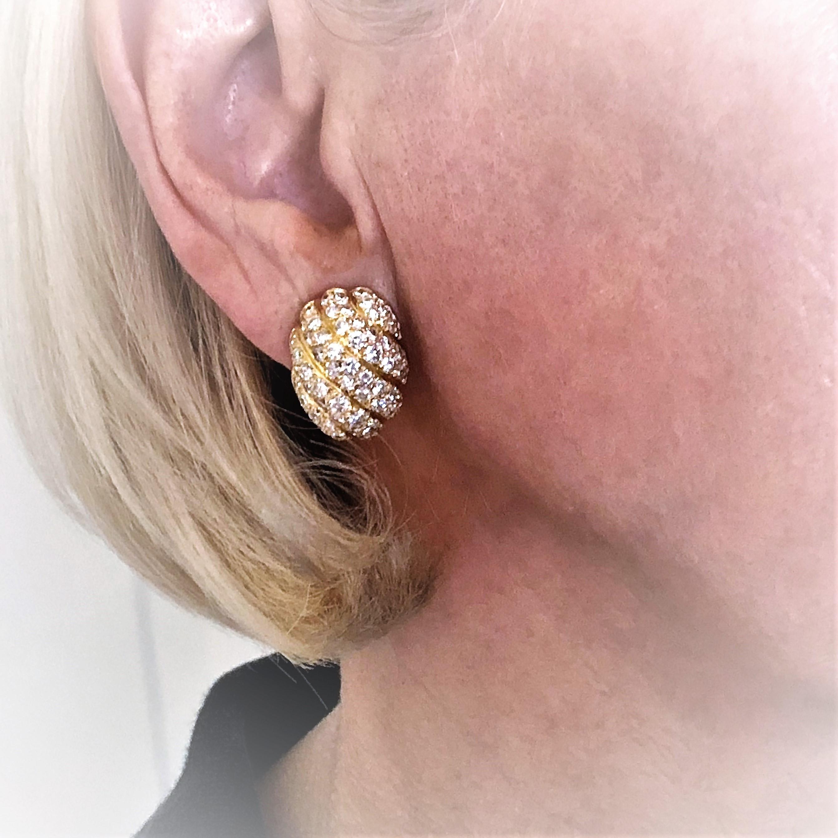 Mid Size French Gold and Diamond Clip on Dome Earrings in a Swirl Design 2
