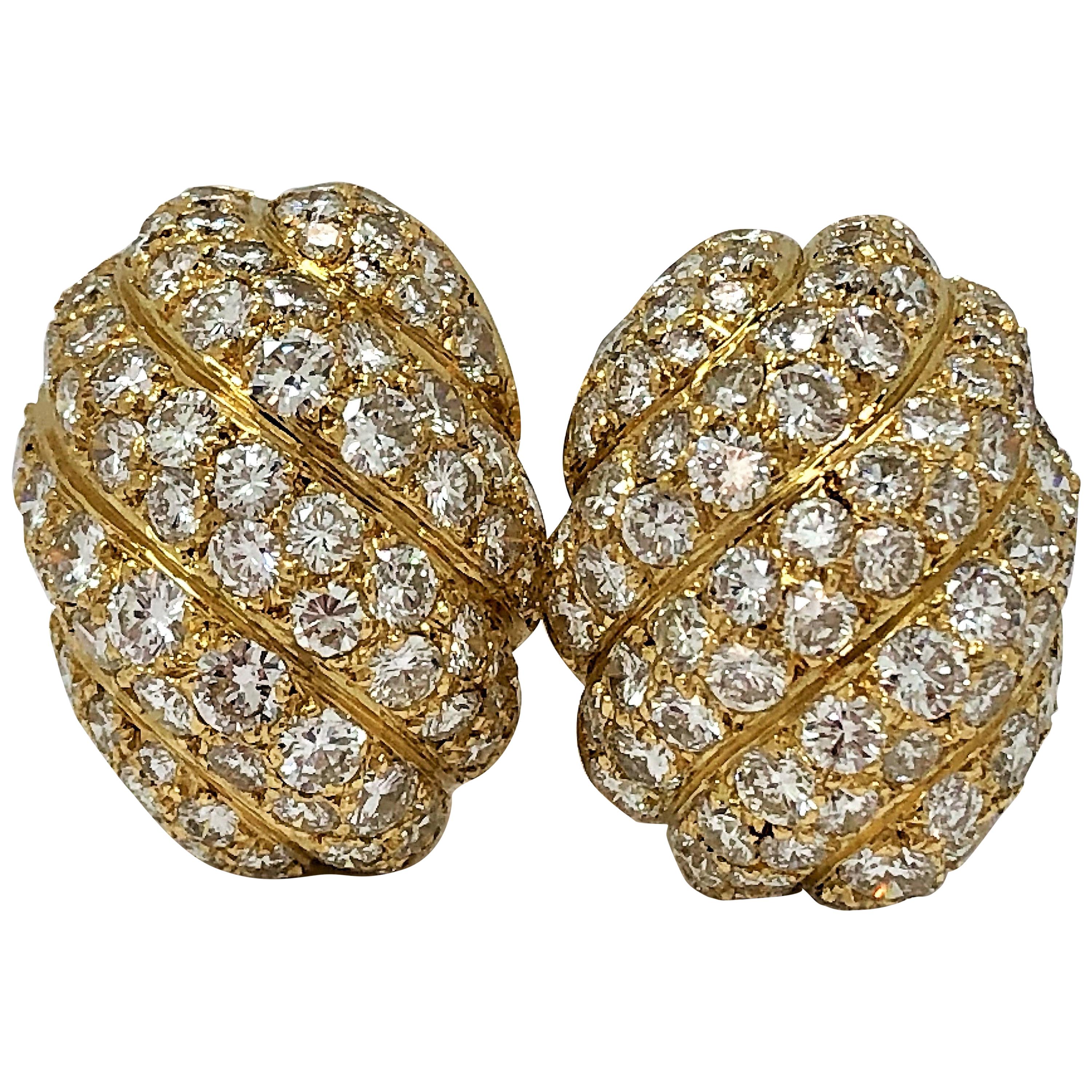 Mid Size French Gold and Diamond Clip on Dome Earrings in a Swirl Design