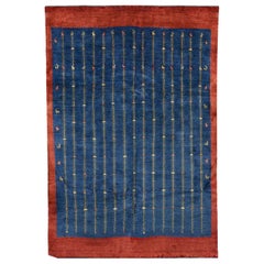 Mid-Size Indigo Blue and Red Contemporary Tribal Design Gabbeh Persian Wool Rug