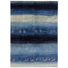 Mid-Size Blue Contemporary Tribal Design Gabbeh Persian Wool Rug 