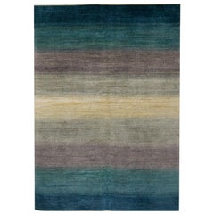 Mid-Size Blue Gray and White Striped Contemporary Gabbeh Persian Wool Rug