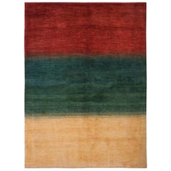 Mid-Size Red Green and Gold Striped Contemporary Gabbeh Persian Wool Rug