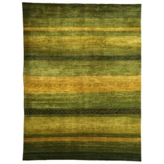 Mid-Size Green Striped Contemporary Gabbeh Persian Wool Rug 