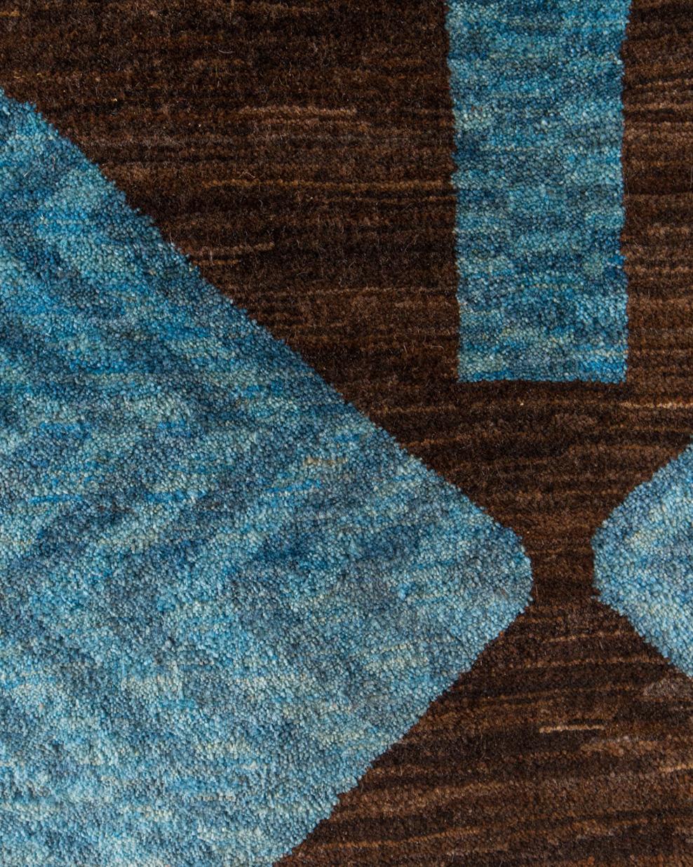 Mid-Size Blue Contemporary Tribal Design Gabbeh Persian Wool Rug. One fun thing about a Gabbeh is trying to interpret it, versus just enjoying it at face value and for its sweet softness. This one, however, almost demands that you let imagination