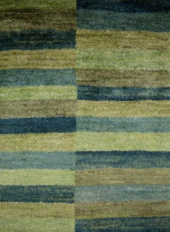 Mid-Size Green Striped Mosaic Contemporary Gabbeh Persian Wool Rug