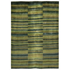 Mid-Size Green Striped Mosaic Contemporary Gabbeh Persian Wool Rug