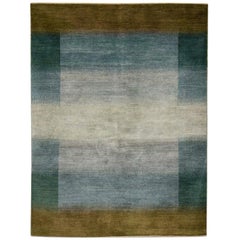 Mid-Size Blue and Olive Green Contemporary Gabbeh Persian Wool Rug 