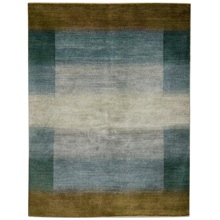 Mid Size Blue And Olive Green Contemporary Gabbeh Persian Wool Rug