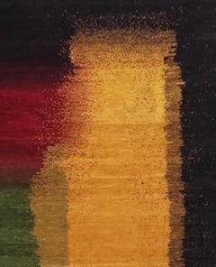 Mid-size Abstract Gold, Red and Green Contemporary Gabbeh Persian Wool Rug
