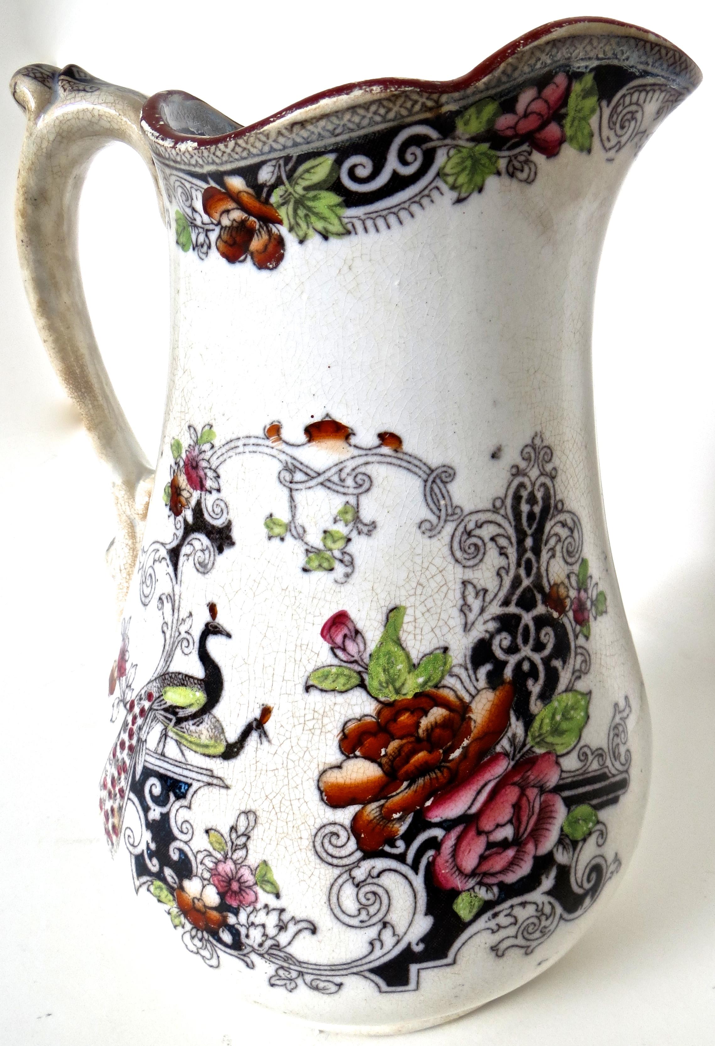 Hand-Painted Mid-Size Ironstone Pitcher by “W & J Butterfield” England, circa 1855 For Sale