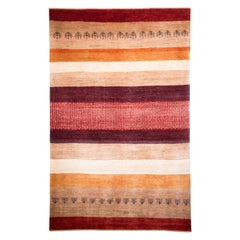 Mid-Size Maroon, Neutral and Gold Striped Contemporary Gabbeh Persian Wool Rug