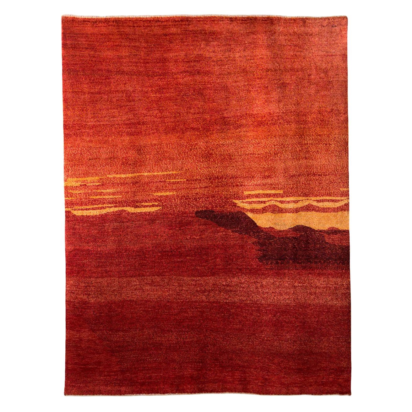 Mid-Size Red and Orange Contemporary Tribal Landscape Gabbeh Persian Wool Rug  For Sale