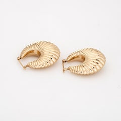 Mid Sized Hoop Earrings Vintage 14 Karat Gold Puffed Shell Design Jewelry