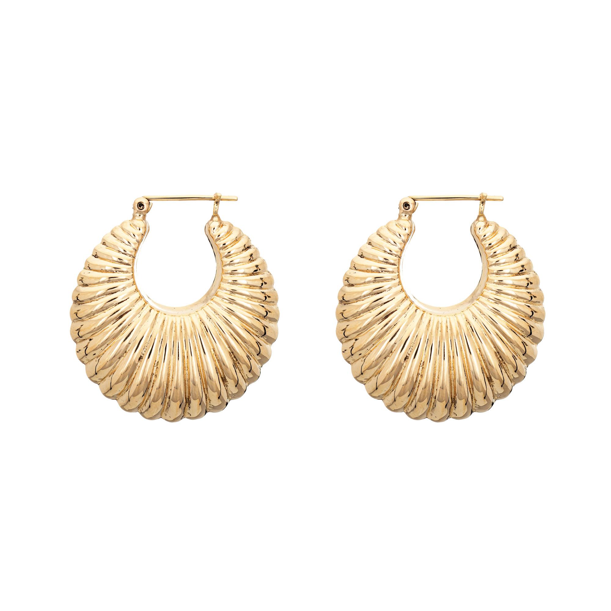 Modern Mid Sized Hoop Earrings Vintage 14 Karat Gold Puffed Shell Design Jewelry