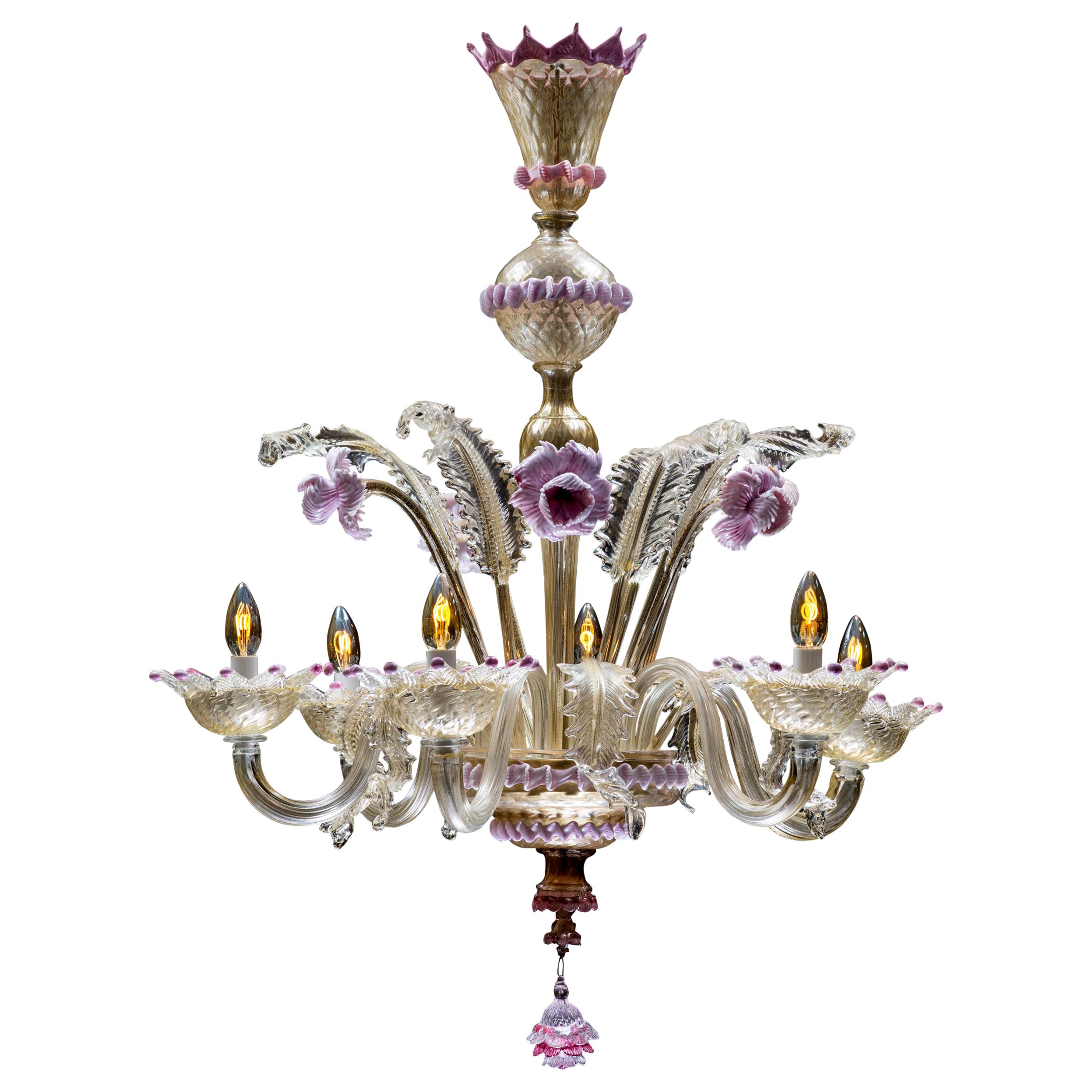 Mid-Sized Golden Purple Colored Italian Murano Glass Chandelier, Italy, 1960 For Sale