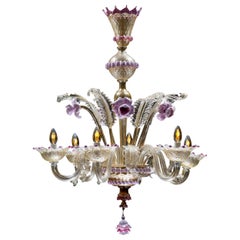 Vintage Mid-Sized Golden Purple Colored Italian Murano Glass Chandelier, Italy, 1960