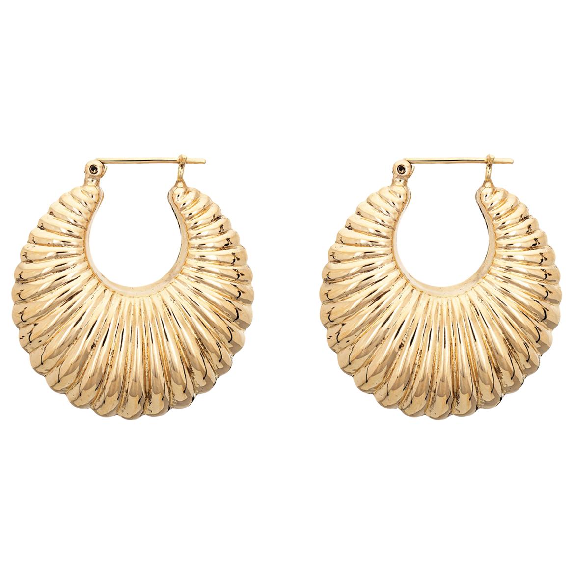Mid Sized Hoop Earrings Vintage 14 Karat Gold Puffed Shell Design Jewelry