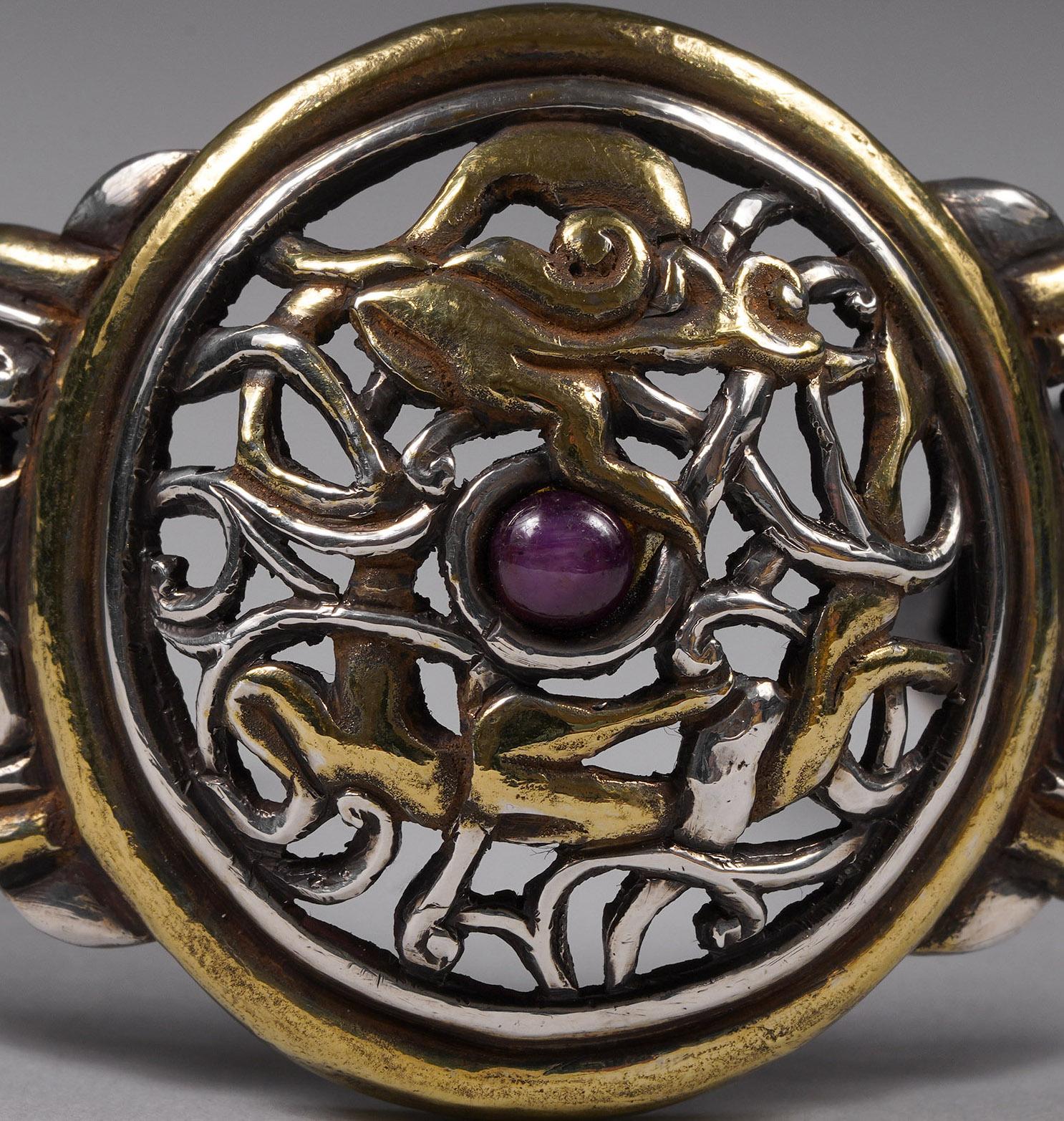 Artisan Mid to Late 20th Century Silver and Gold Plate Cuff Bracelet with Tibetan Motif For Sale