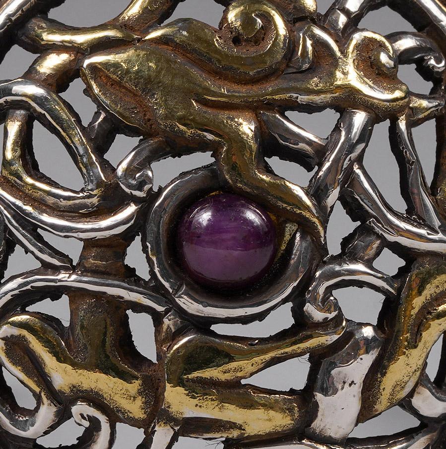 Cabochon Mid to Late 20th Century Silver and Gold Plate Cuff Bracelet with Tibetan Motif For Sale