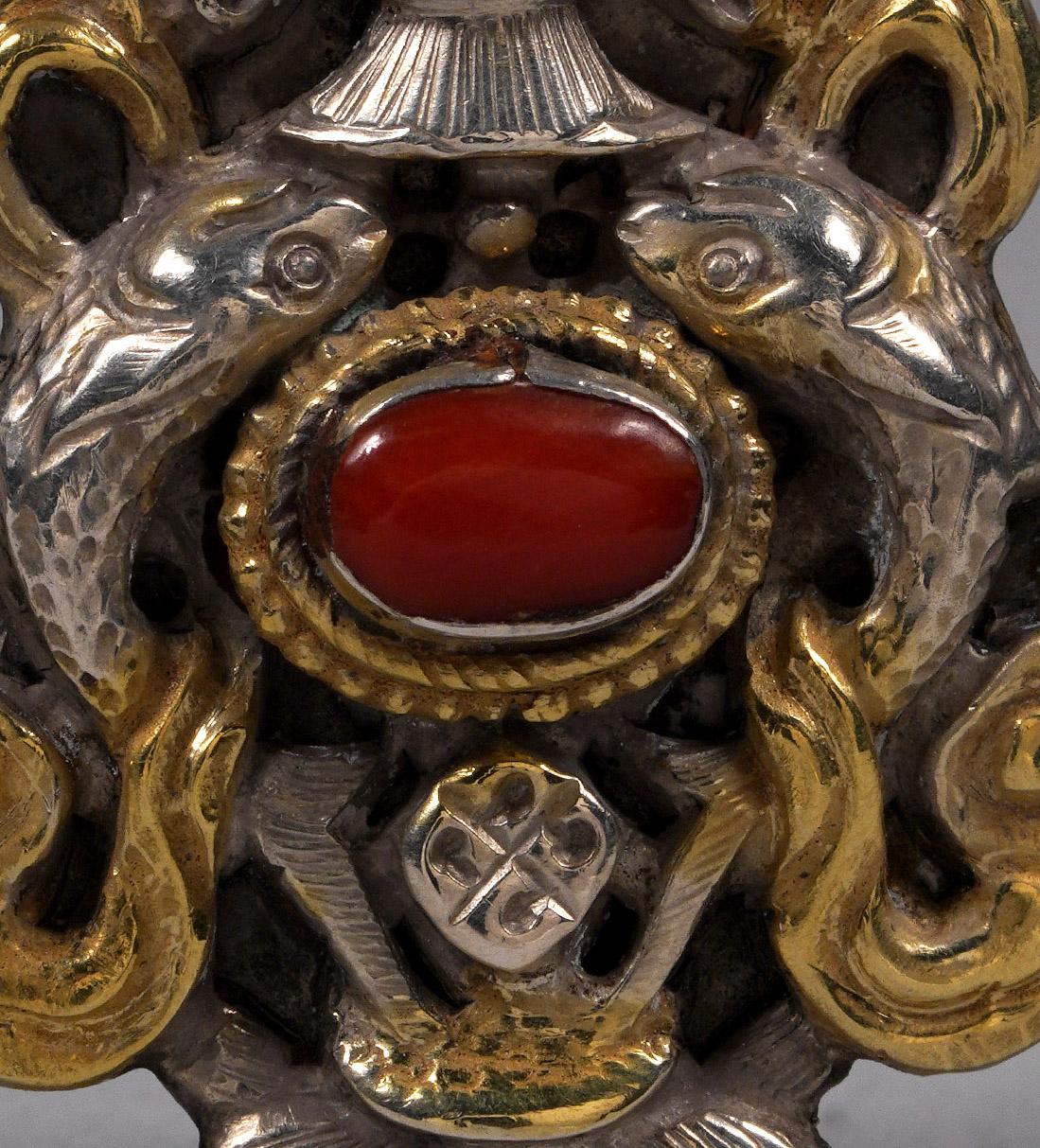 Artisan Mid to Late 20th Century Silver and Gold Plate Pendant with Tibetan Motif For Sale
