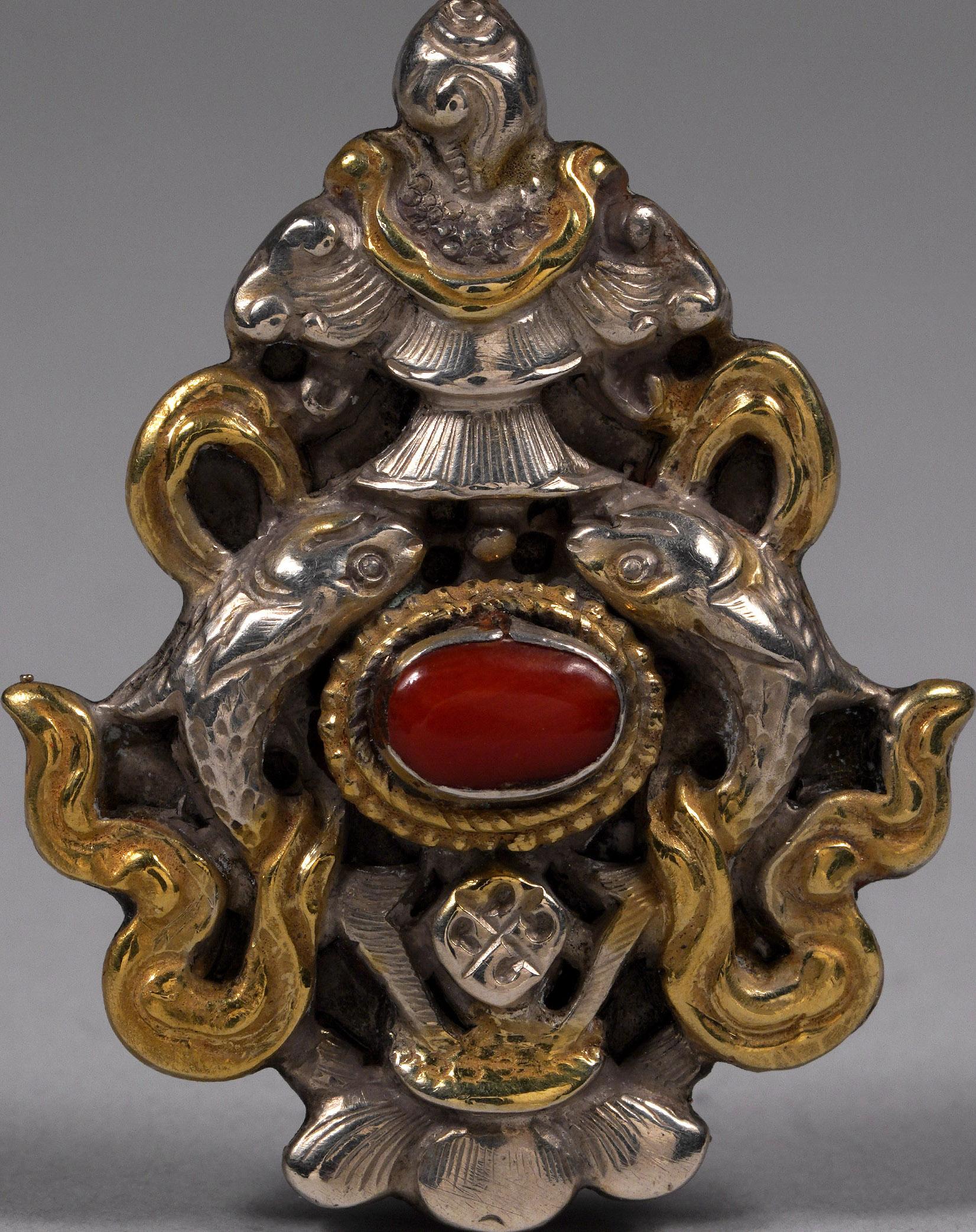 Cabochon Mid to Late 20th Century Silver and Gold Plate Pendant with Tibetan Motif For Sale