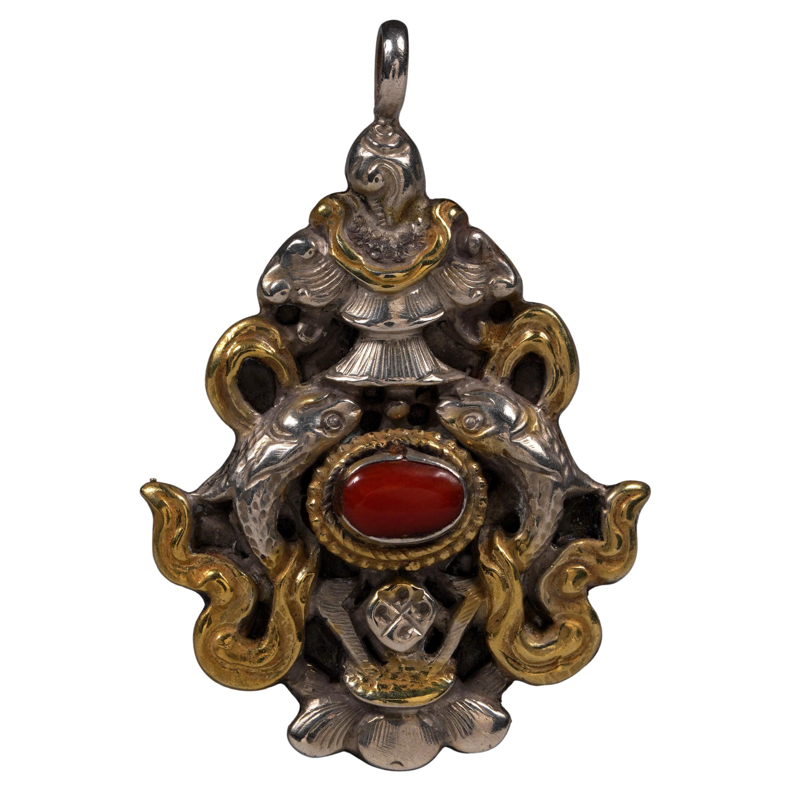 Mid to Late 20th Century Silver and Gold Plate Pendant with Tibetan Motif