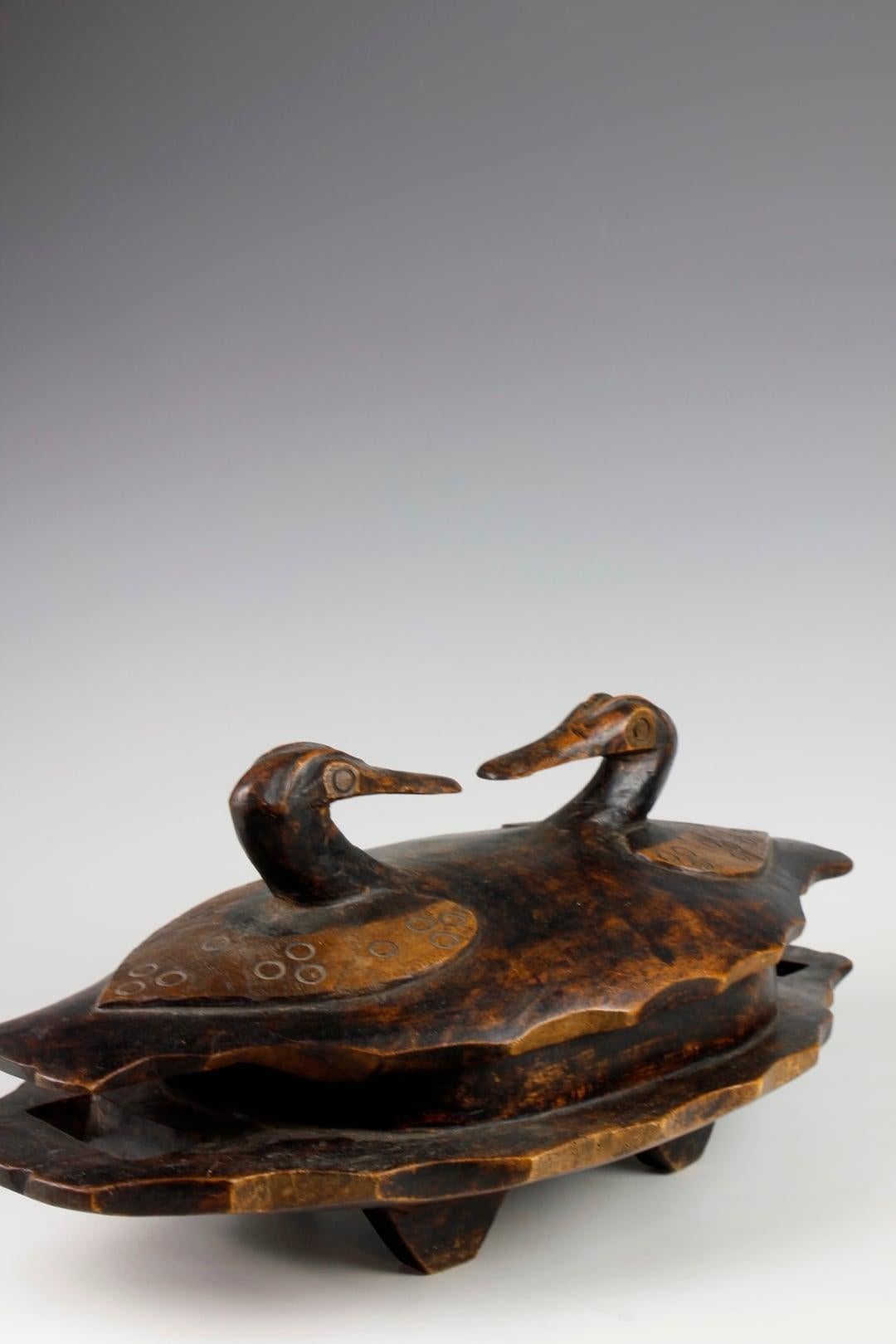 Tribal Mid-Twentieth Century Finely Carved Food Bowl Depicting Two Ducks For Sale