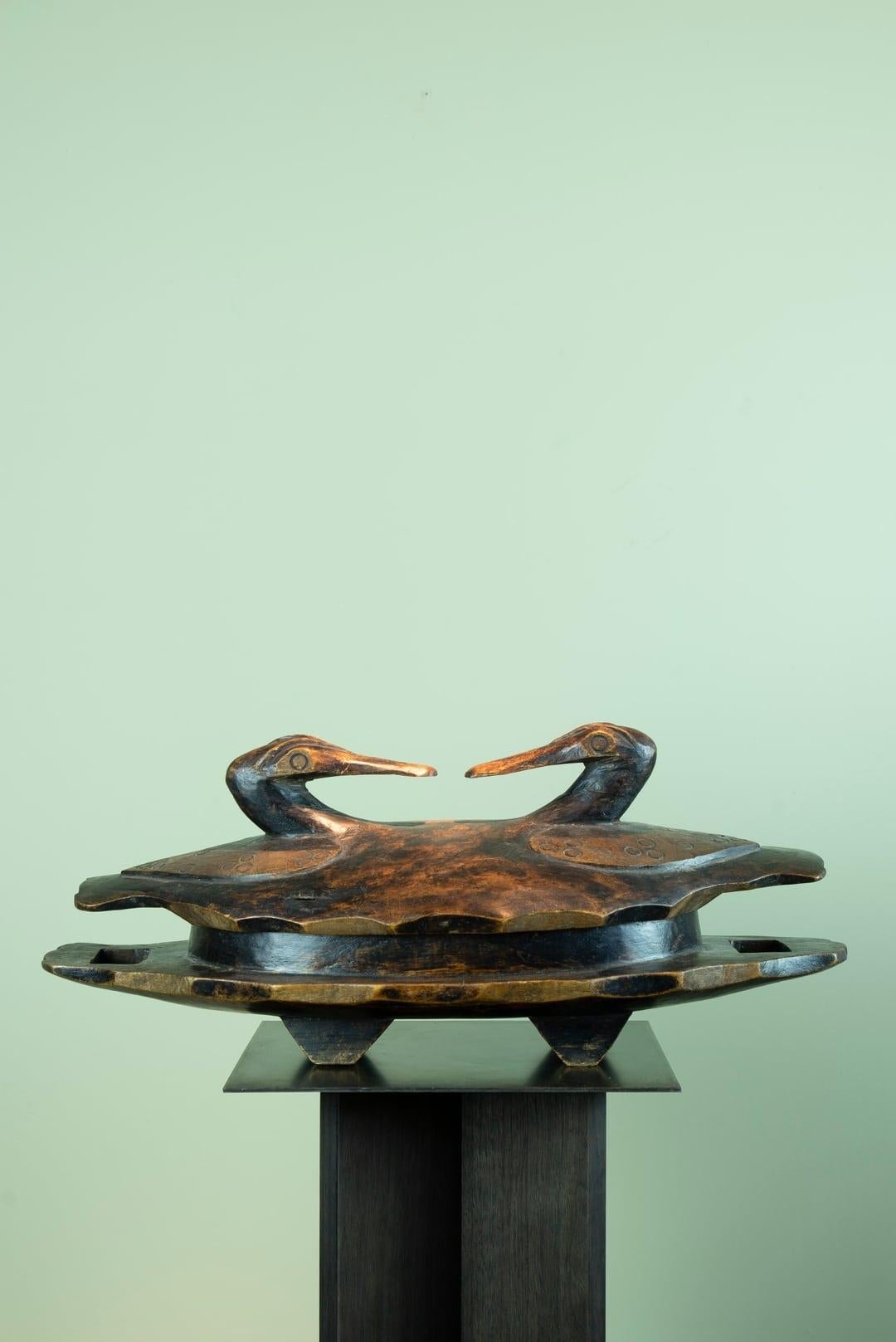 Hardwood Finely Carved Lozi Food Bowl Depicting Two Zambezi River Ducks, Zambia