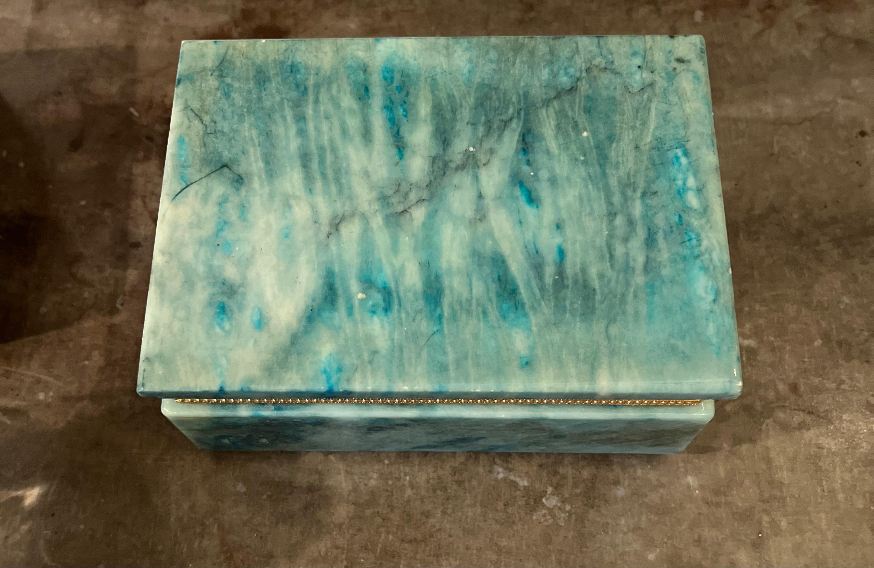 A mid-twentieth century Italian teal alabaster and hinged box with brass trim having the original foil paper label on the underside stating 