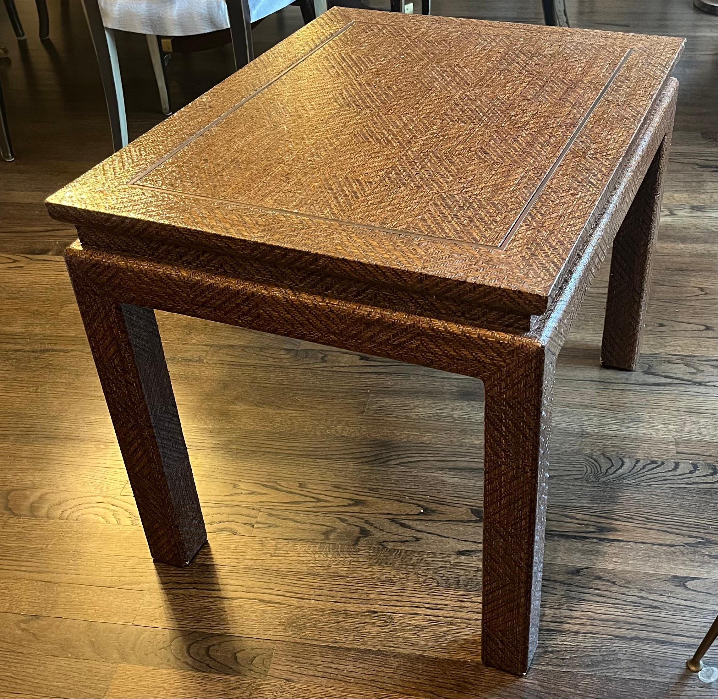 Unknown Mid Twentieth Century Woven Raffia Side Table with Brass Inlay