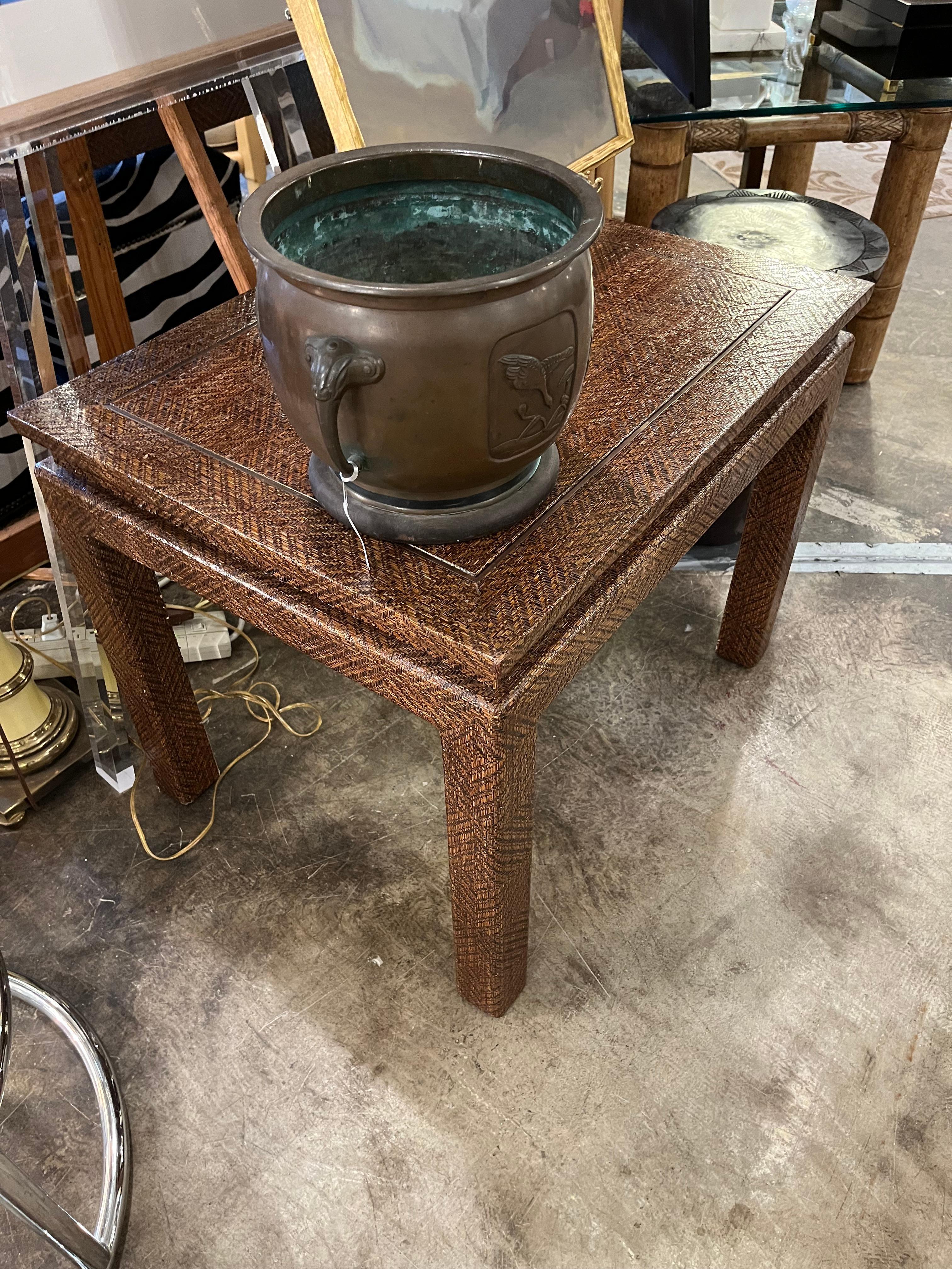 Late 20th Century Mid Twentieth Century Woven Raffia Side Table with Brass Inlay