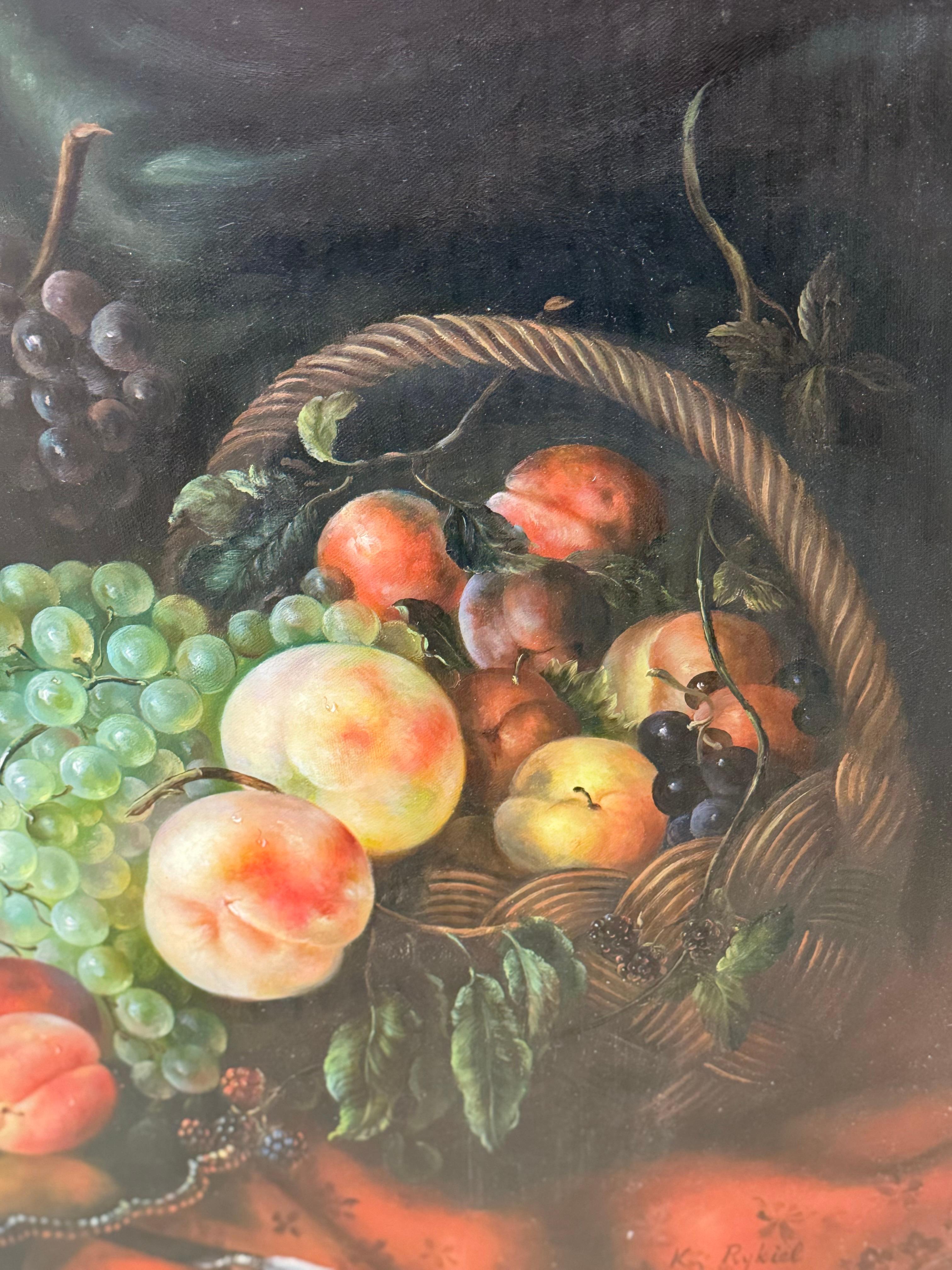 Nature morte à l'huile encadrée du milieu du 20e siècle, fruits sur une table en vente 6