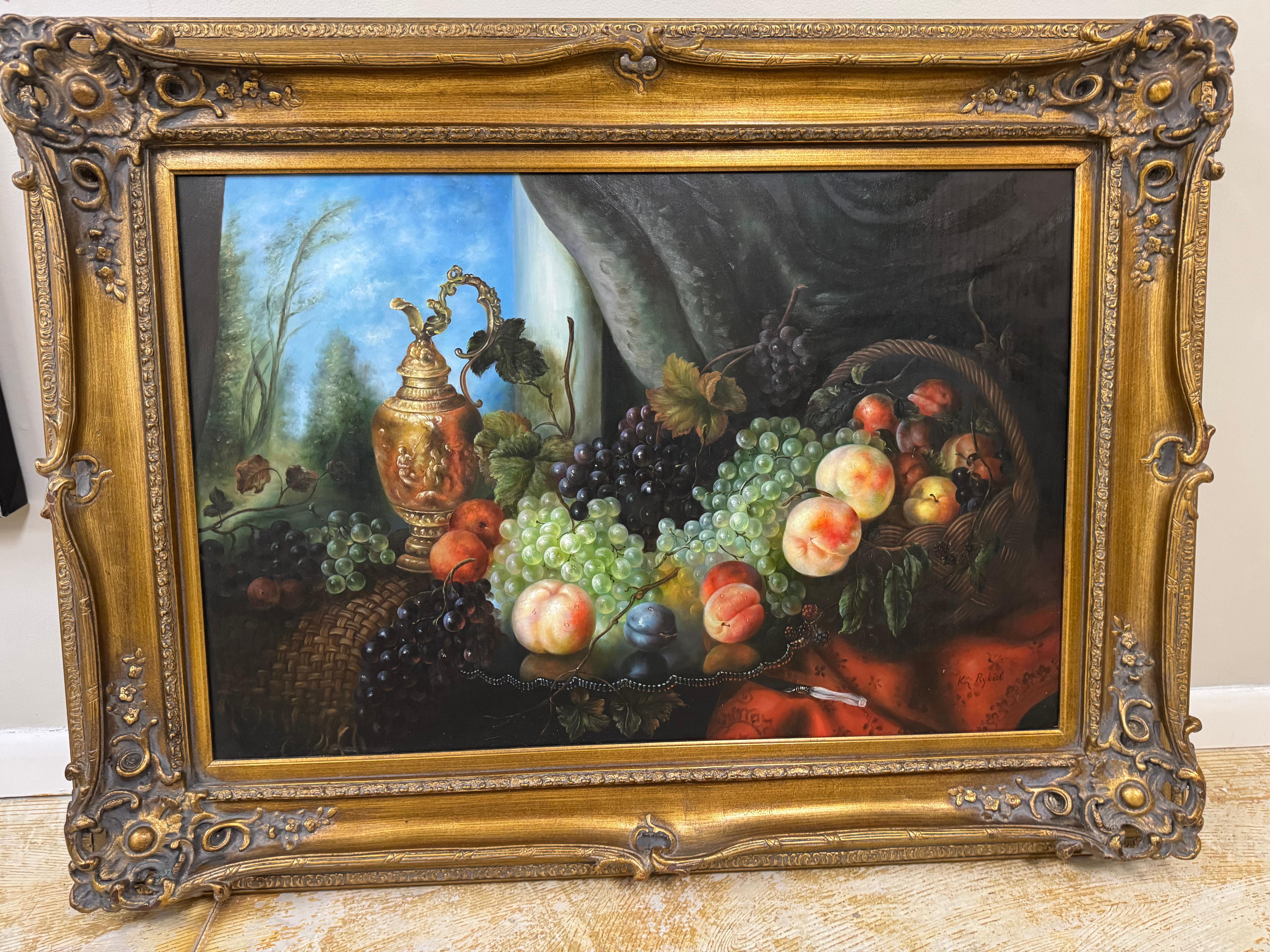 Nature morte à l'huile encadrée du milieu du 20e siècle, fruits sur une table en vente 11