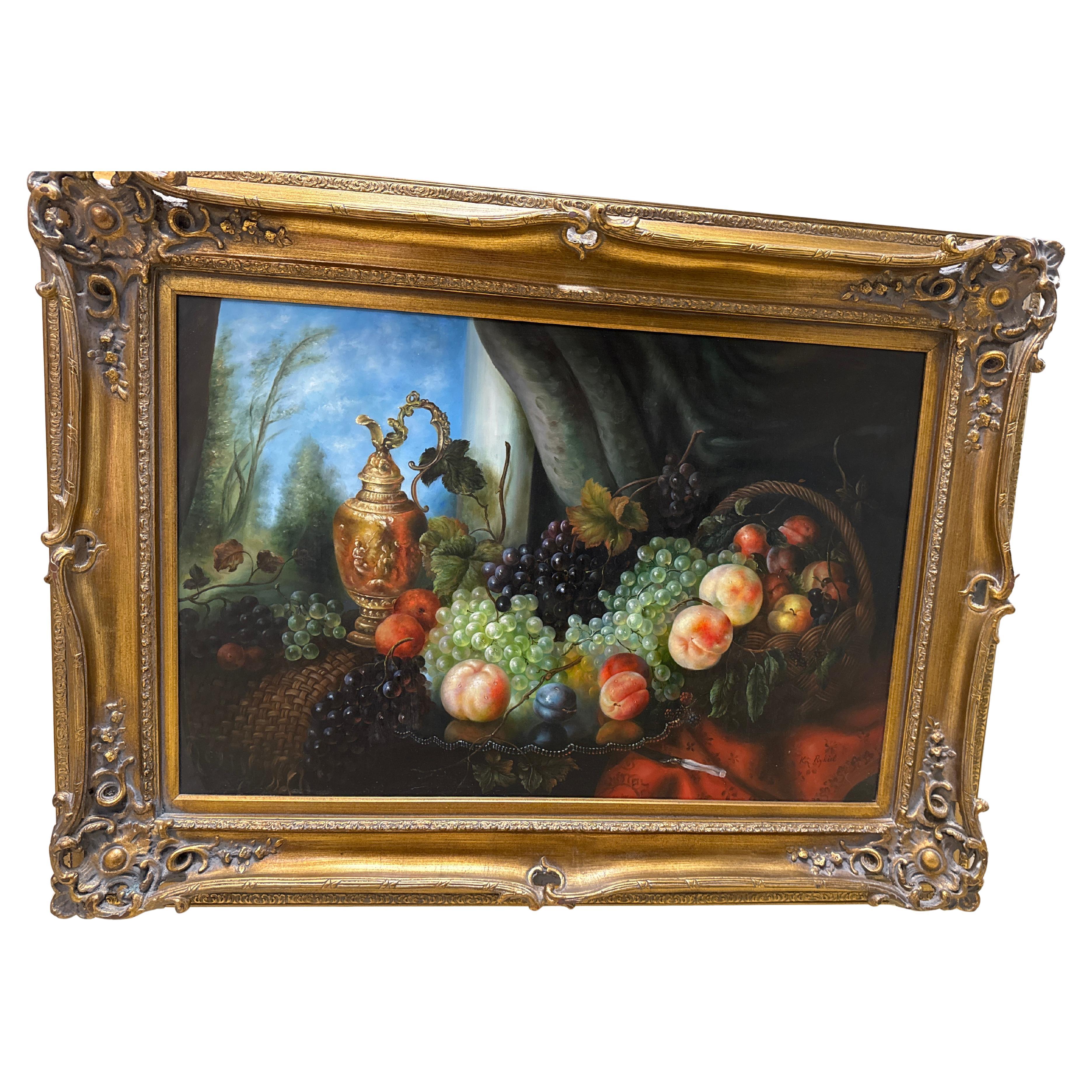Vintage encadré nature morte peinture à l'huile de fruits et de la table, les couleurs sont vibrantes et rafraîchissantes.  Il fera tourner les têtes et ajoutera du charme à toute décoration murale.   Le tableau est en très bon état, la toile et le