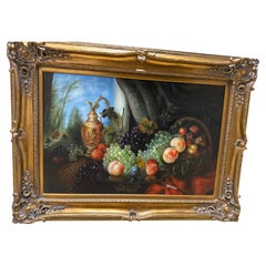Quadro ad olio di natura morta incorniciato della metà del XX secolo con frutta su un tavolo